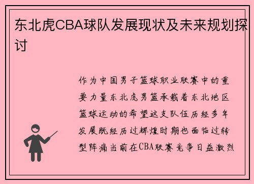 东北虎CBA球队发展现状及未来规划探讨